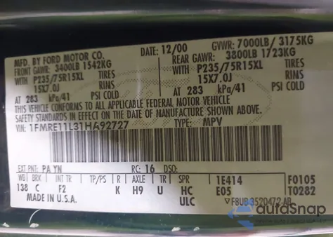 2001 Ford E-150 Xl/Xlt from USA, damaged, VIN 1FMRE11L31HA92727